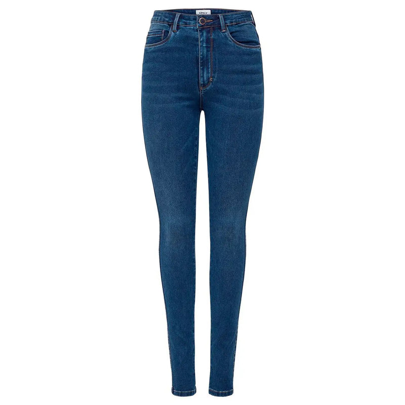 Dunkelblaue, hochgeschnittene Skinny-Jeans aus Baumwoll-Denim für Damen mit klassischer Struktur und dezenter Waschung – perfekt für Herbst und Winter.