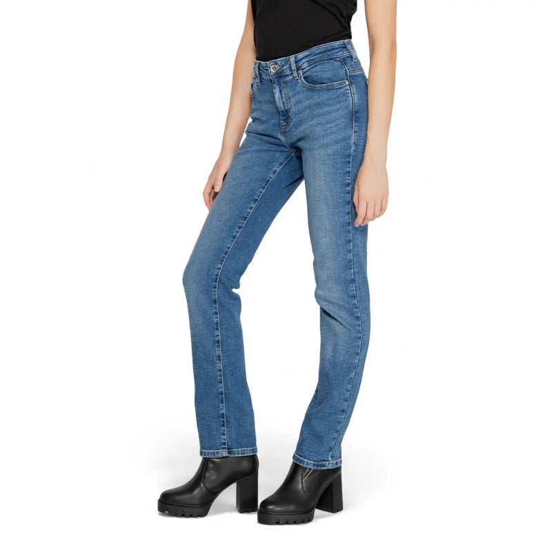 Only Damen-Jeans aus blauem Baumwoll-Denim, Stretch, hoher Bund, gerades Bein, mittlere Waschung, klassische Nähte und leichter Waschung.