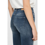 Dunkelblaue Baumwoll-Jeans für Damen mit hohem Bund, Stretch-Passform und klassischem Gesäßtaschen-Design, von der Rückseite gesehen