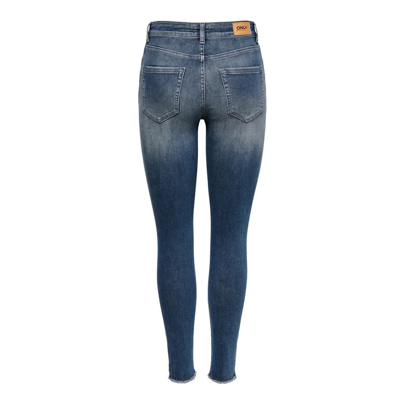 Dunkelblaue Baumwolljeans für Damen mit verwaschenen, ausgefransten Säumen und Only Markenetikett am Bund