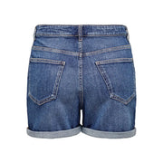 Only women blue cotton denim shorts with rolled-up cuffs and classic back pocket design showing the back side