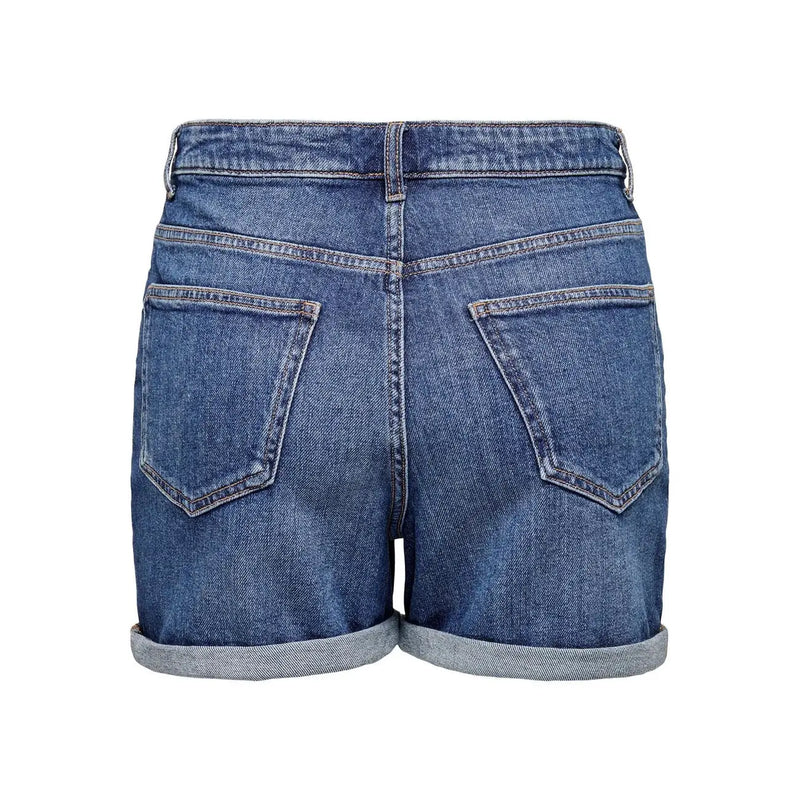 Only women blue cotton denim shorts with rolled-up cuffs and classic back pocket design showing the back side