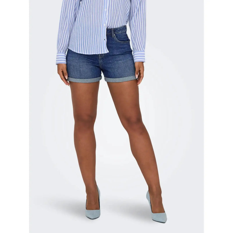 High-waisted only women blue cotton denim shorts with classic blue wash and rolled cuffs organic regular fit