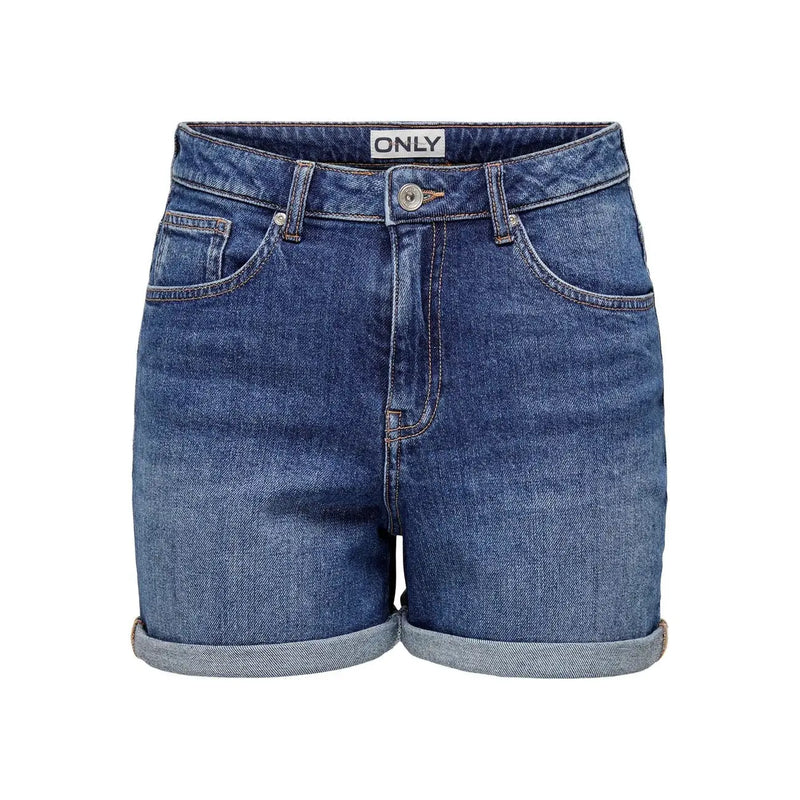 Only women blue cotton denim shorts with rolled hem five-pocket design and brand label at waistband organic regular fit