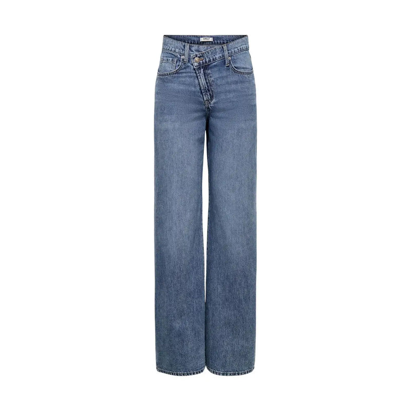 Only Damenjeans aus blauer Bio-Baumwolle mit hohem Bund, weitem Bein und mittelblauer Waschung sowie Knopfverschluss.