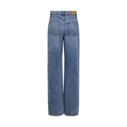 Rückansicht von only Damenjeans aus blauem Baumwollmischgewebe mit hohem Bund und weitem Bein, klassischen Taschen und Lederapplikationen.