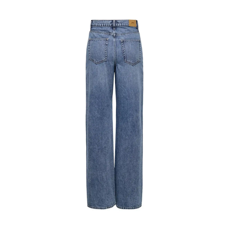 Rückansicht von only Damenjeans aus blauem Baumwollmischgewebe mit hohem Bund und weitem Bein, klassischen Taschen und Lederapplikationen.