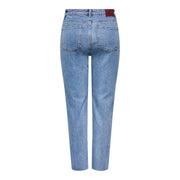 Only Damen-Jeans aus blauer Baumwolle, reguläre Passform, helle Waschung, gerader Beinschnitt und rotem Leder-Markenpatch hinten am Bund.
