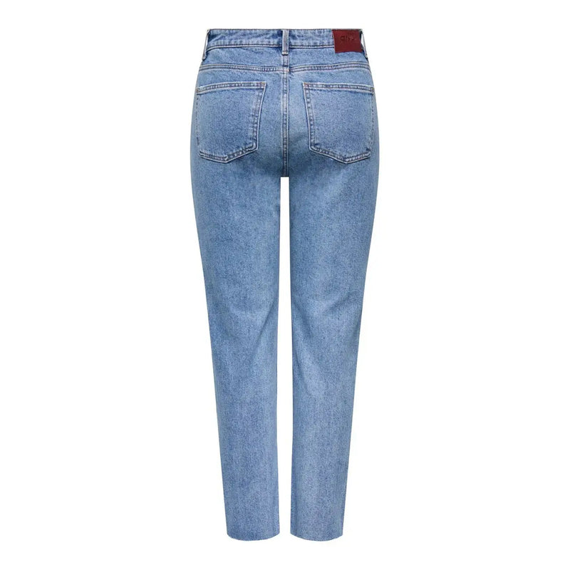 Only Damen-Jeans aus blauer Baumwolle, reguläre Passform, helle Waschung, gerader Beinschnitt und rotem Leder-Markenpatch hinten am Bund.