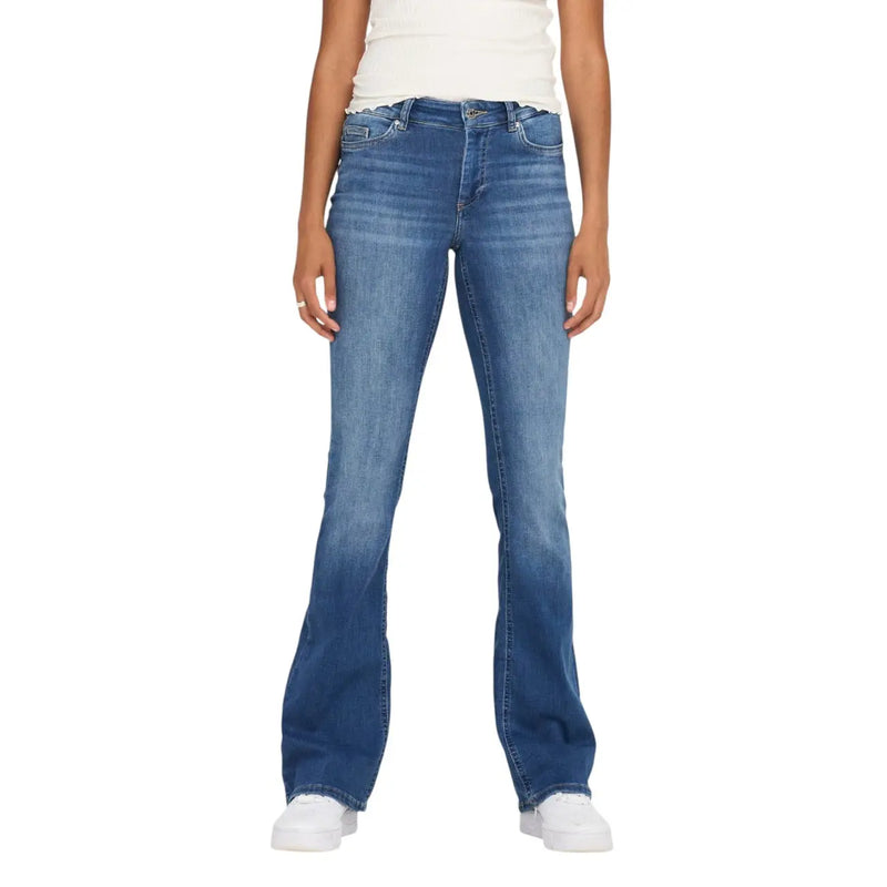 Only Damen-Jeans aus blauem Denim, Baumwollmischung, mit verwaschener Waschung, klassischem Five-Pocket-Design und ausgestelltem Bein