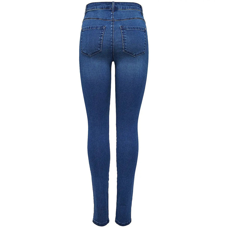 Only Damen-Jeans aus blauem Denim, Baumwollmischung, hoher Bund, schmale Passform, mittlere Waschung, klassische Gesäßtaschen, von hinten gesehen