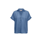Only women blue lyocell blouse short sleeve button up with a soft light blue denim-like fabric and collar