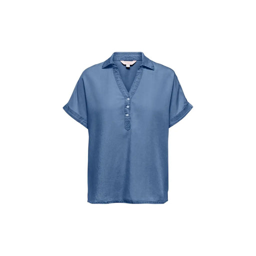 Only Damenbluse aus blauem Lyocell, kurzärmelig, mit Knopfleiste, aus weichem, hellblauem, denimartigem Stoff und Kragen