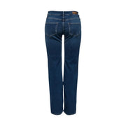 Dunkelblaue, gerade geschnittene Jeans aus Baumwolle für Damen mit einem braunen Leder-Markenpatch am Bund
