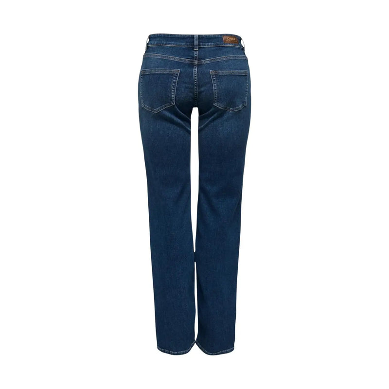 Dunkelblaue, gerade geschnittene Jeans aus Baumwolle für Damen mit einem braunen Leder-Markenpatch am Bund
