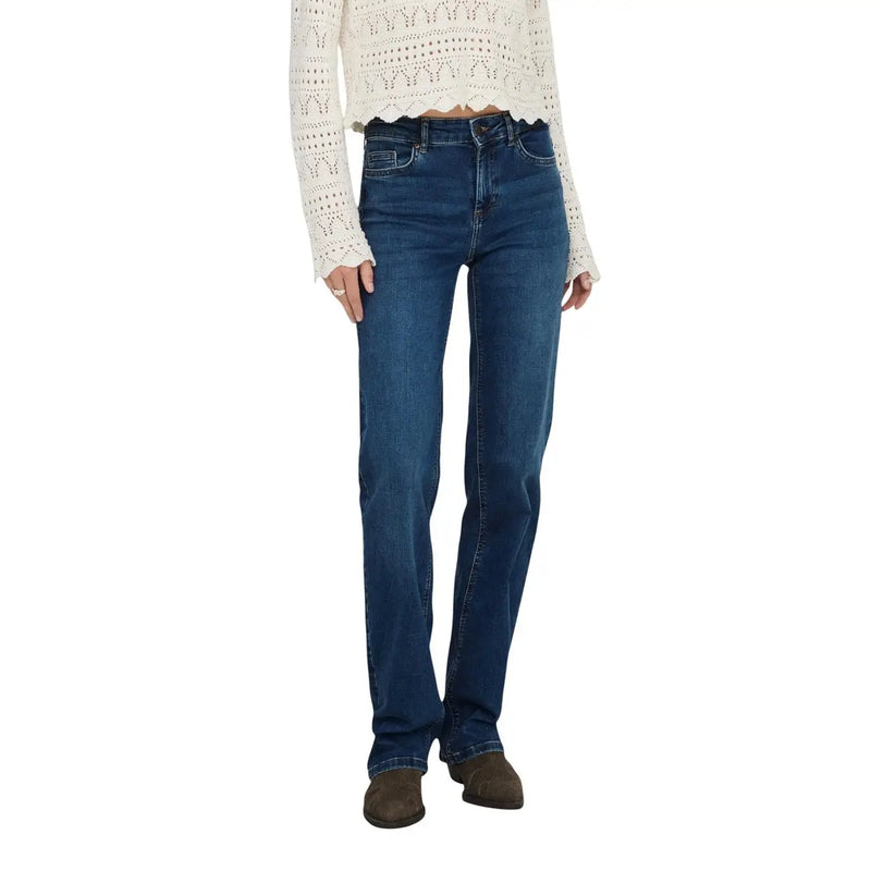 Dunkelblauer Baumwolldenim only Damen-Jeans mit geradem Bein und mittellangem Schnitt, klassischem Fünf-Taschen-Design.
