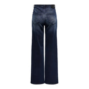 Die Rückseite von only Damen-Jeans aus blauer Bio-Baumwolle in Dunkelindigo mit weitem Bein und verwaschenen Taschen