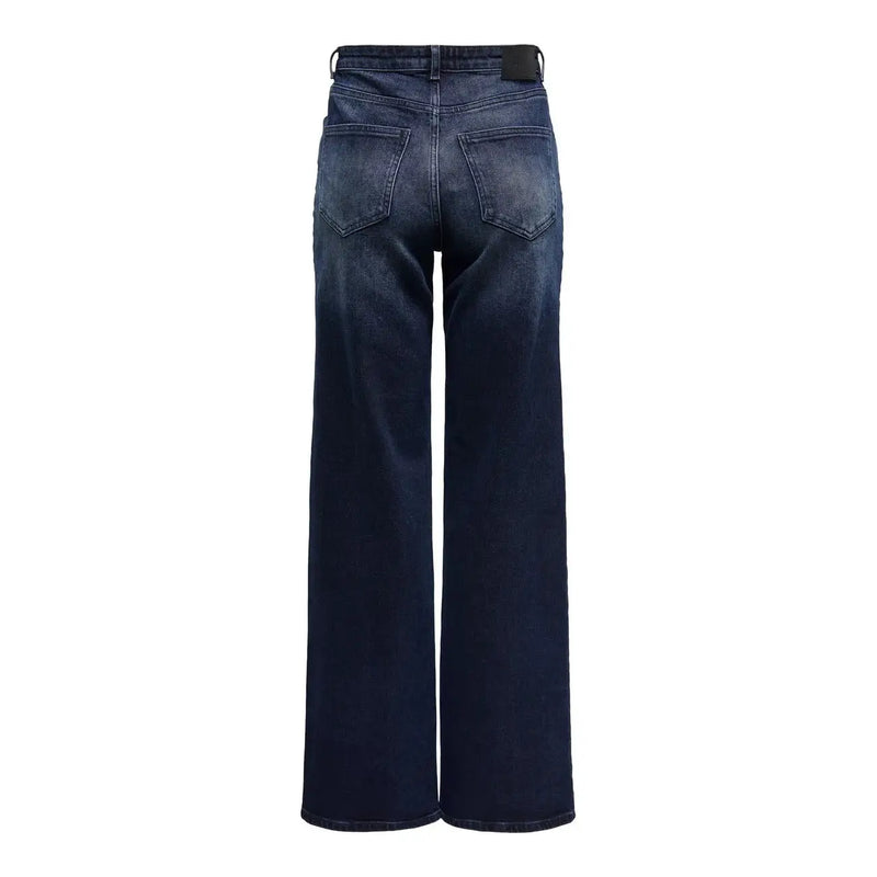 Die Rückseite von only Damen-Jeans aus blauer Bio-Baumwolle in Dunkelindigo mit weitem Bein und verwaschenen Taschen