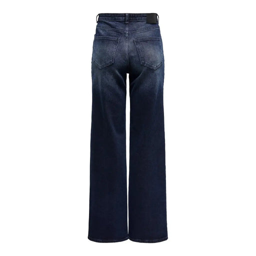 Die Rückseite von only Damen-Jeans aus blauer Bio-Baumwolle in Dunkelindigo mit weitem Bein und verwaschenen Taschen