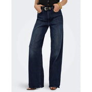 Dunkelindigofarbene, weit geschnittene High-Waist-Jeans aus blauem Bio-Baumwoll-Denim mit klassischen Ziernähten für Damen von Only