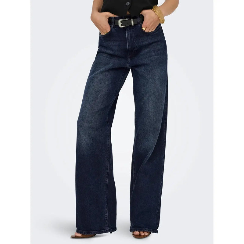 Dunkelindigofarbene, weit geschnittene High-Waist-Jeans aus blauem Bio-Baumwoll-Denim mit klassischen Ziernähten für Damen von Only