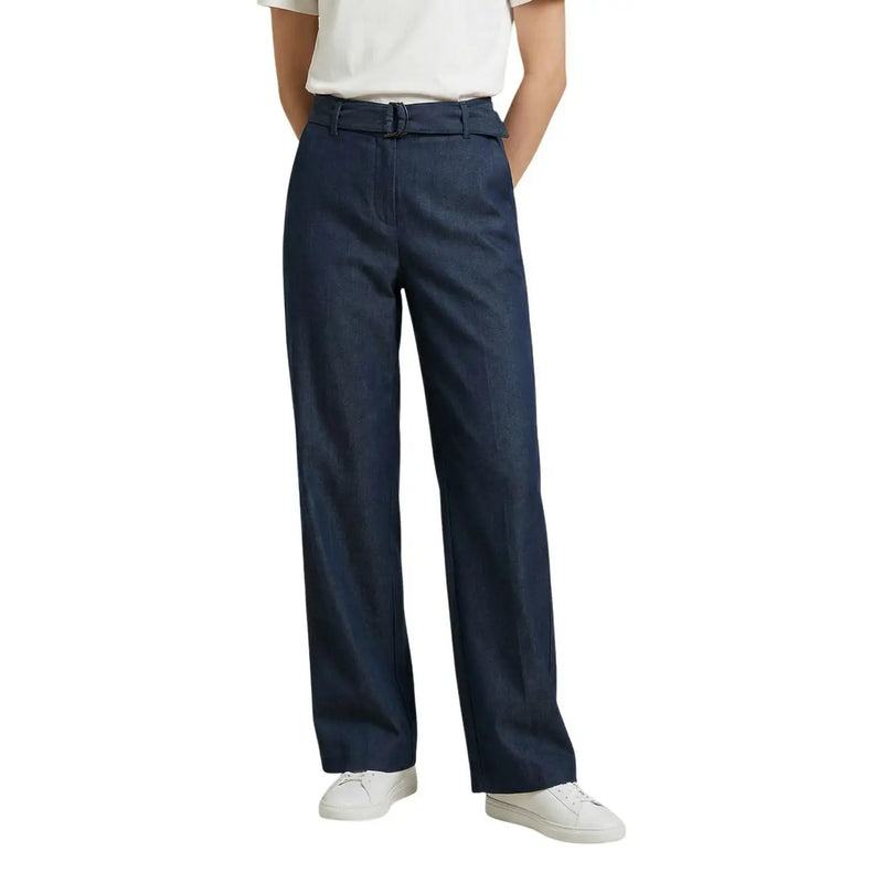 Marineblaue, weit geschnittene Damenhose mit Gürtel, Reißverschluss, Knopfverschluss und Vordertaschen von Only