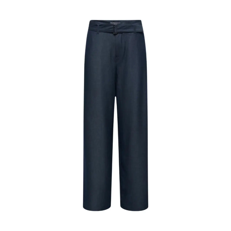 Only Damen-Hose in Dunkelblau mit weitem Bein, Gürtel, Reißverschluss und Knopf, taillierter Passform und dezenten Gürtelschlaufen.