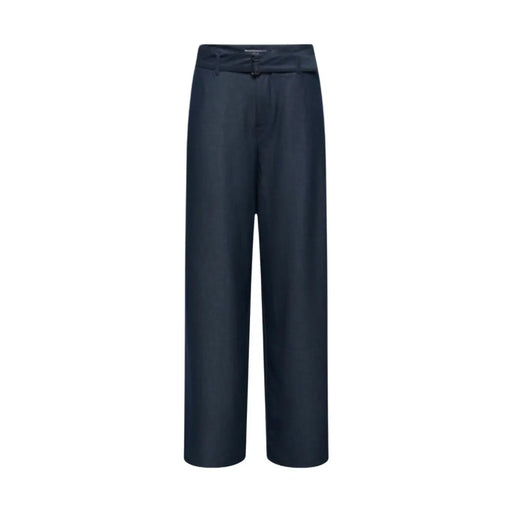 Only Damen-Hose in Dunkelblau mit weitem Bein, Gürtel, Reißverschluss und Knopf, taillierter Passform und dezenten Gürtelschlaufen.
