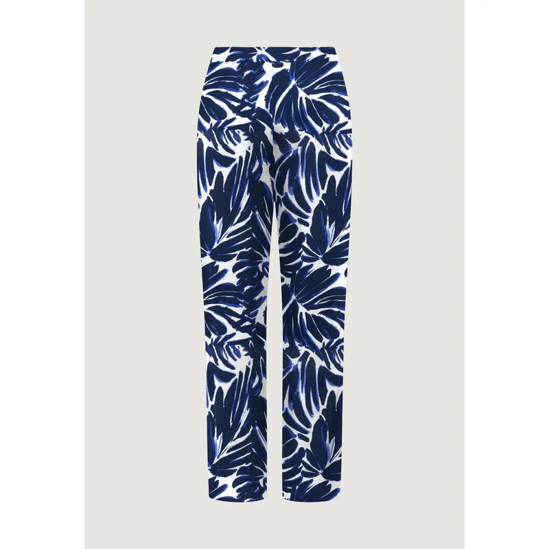 Only Weiße, blaue Palazzo-Hose aus Viskose für Damen mit einem auffälligen marineblauen tropischen Blattmuster