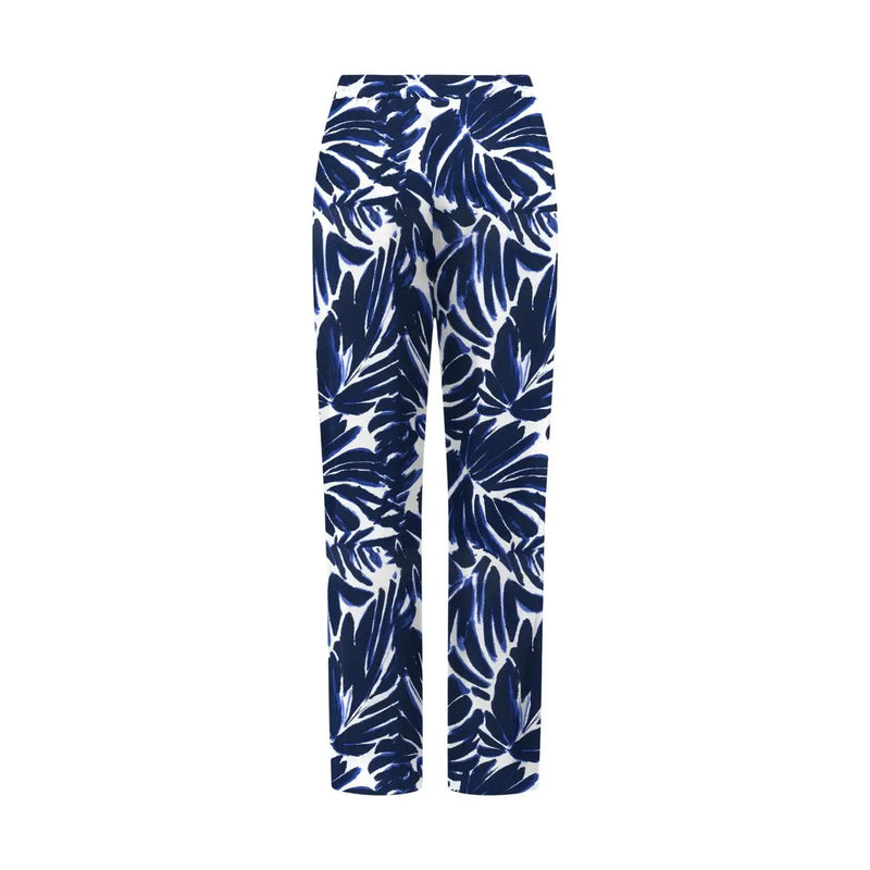 Only Blaue Palazzo-Hose für Damen aus Viskose mit weißem Stoff und auffälligem marineblauem tropischem Blattmuster