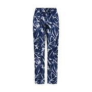 Only Damen-Palazzohose aus blauer Viskose mit blau-weißem tropischem Blattmuster, hohem Bund und Bindegürtel