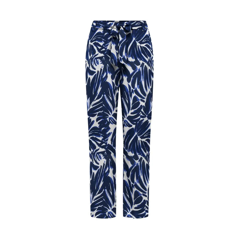Only Damen-Palazzohose aus blauer Viskose mit blau-weißem tropischem Blattmuster, hohem Bund und Bindegürtel