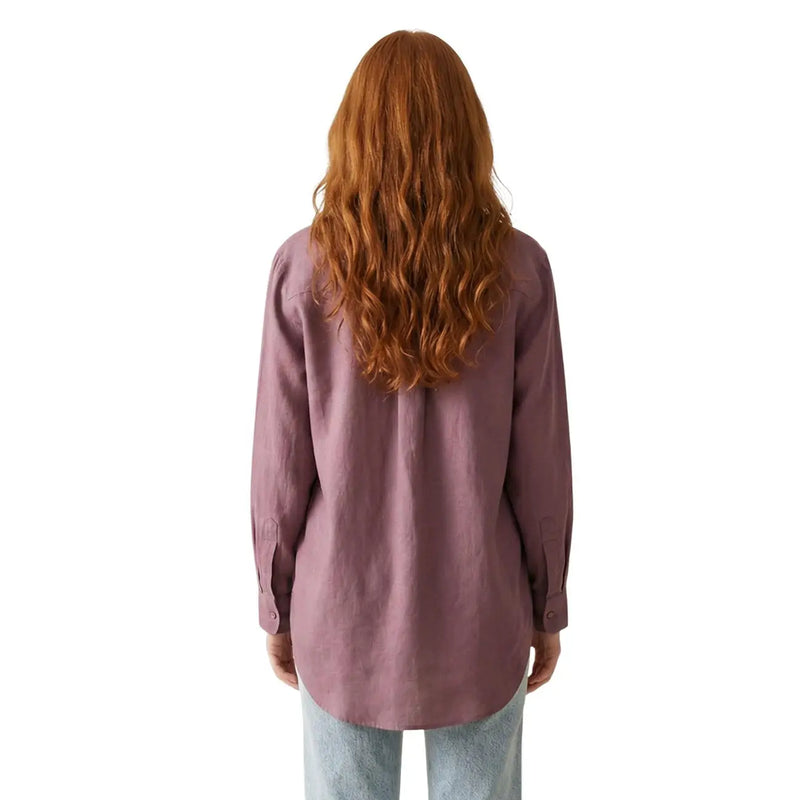 Only women bordeaux linen blend long classic v neck shirt in soft mauve with long sleeves and subtle texture
