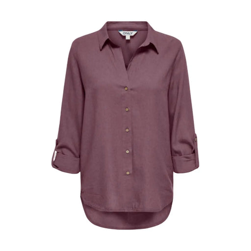 Only Langes, klassisches Damenhemd aus Leinenmischgewebe in Bordeauxrot mit V-Ausschnitt, zartem Mauve-Ton, langen Ärmeln mit umgeschlagenen Bündchen und abgerundetem Saum.