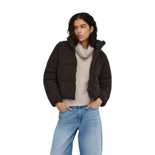 Schwarze Steppjacke mit Kapuze aus Polyester, Produktbezeichnung: only brauner Cord-Daunenblazer für Damen