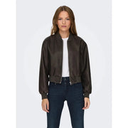 Dark brown faux leather bomber jacket with ribbed cuffs and waistband from Only Women polyester blazer collection