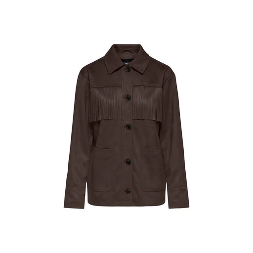 Only Damenblazer aus braunem Wildleder mit Fransenbesatz an der Brust und schwarzen Knöpfen