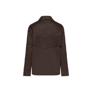 Back side of only women brown suede blazer jacket featuring a central fringe detail across the back