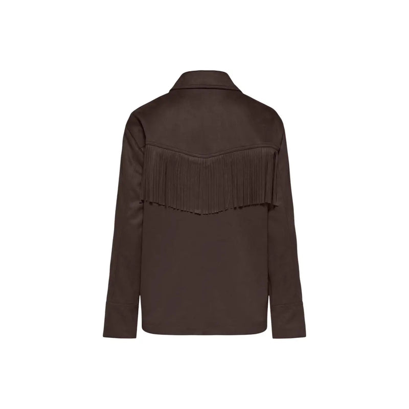 Back side of only women brown suede blazer jacket featuring a central fringe detail across the back
