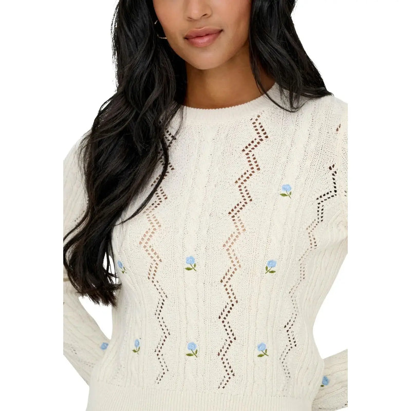 Only Damen-Strickpullover aus Baumwollmischgewebe, weiß, Rundhalsausschnitt, cremefarben, Zopfmuster, blaue Blumenstickerei und Lochmuster
