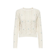 cremefarben only Damenpullover aus Baumwollmischgewebe mit Zopfmuster und kleinen gestickten Blumen