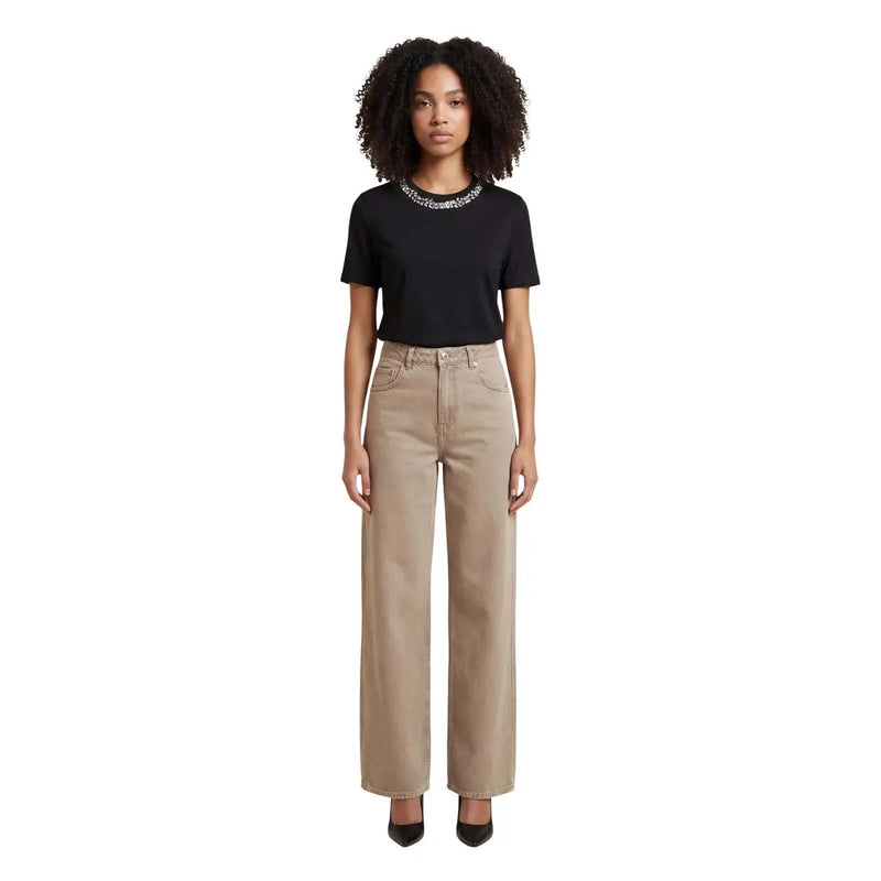Beige Baumwolljeans mit hohem Bund und weitem Bein für Damen, klassisches Five-Pocket-Design und dezente Ziernähte, Frühling/Sommer
