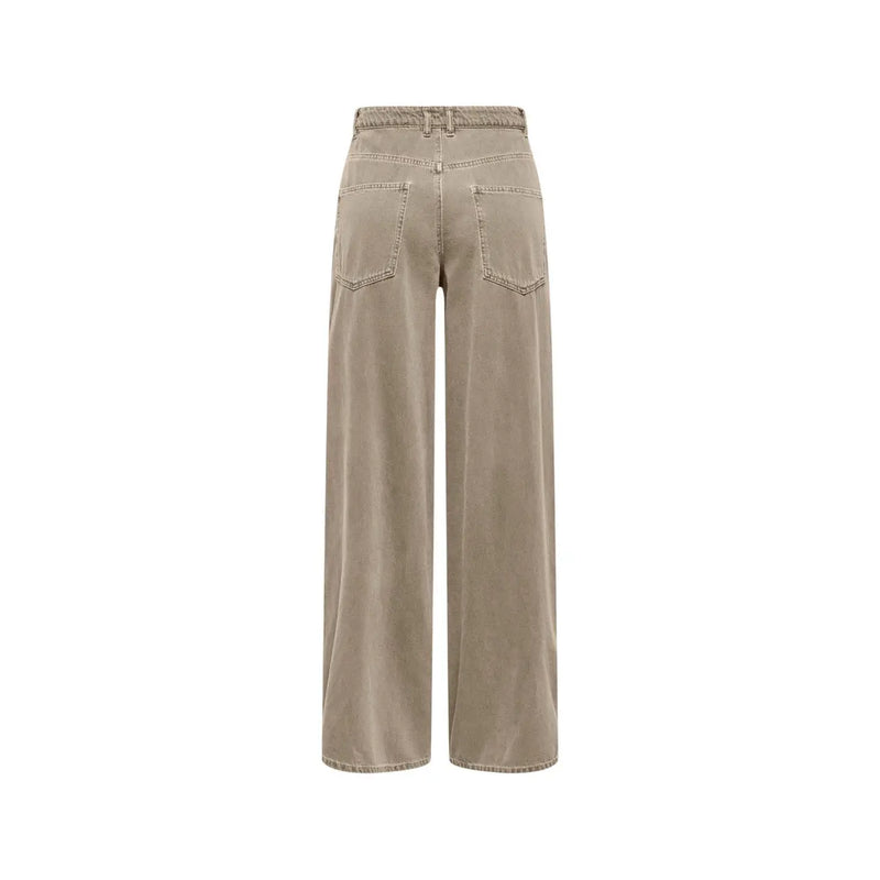 Beige Damen-Jeans aus Baumwoll-Denim mit weitem Bein, lockerer Passform und klassischen Gesäßtaschen, von hinten gesehen