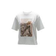 White cotton round neck t-shirt featuring a beige rectangular graphic print of an illustrated figure and floral patterns