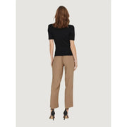 A pair of tan cotton straight-leg trousers with a subtle ankle slit paired with a black only women short sleeve t shirt