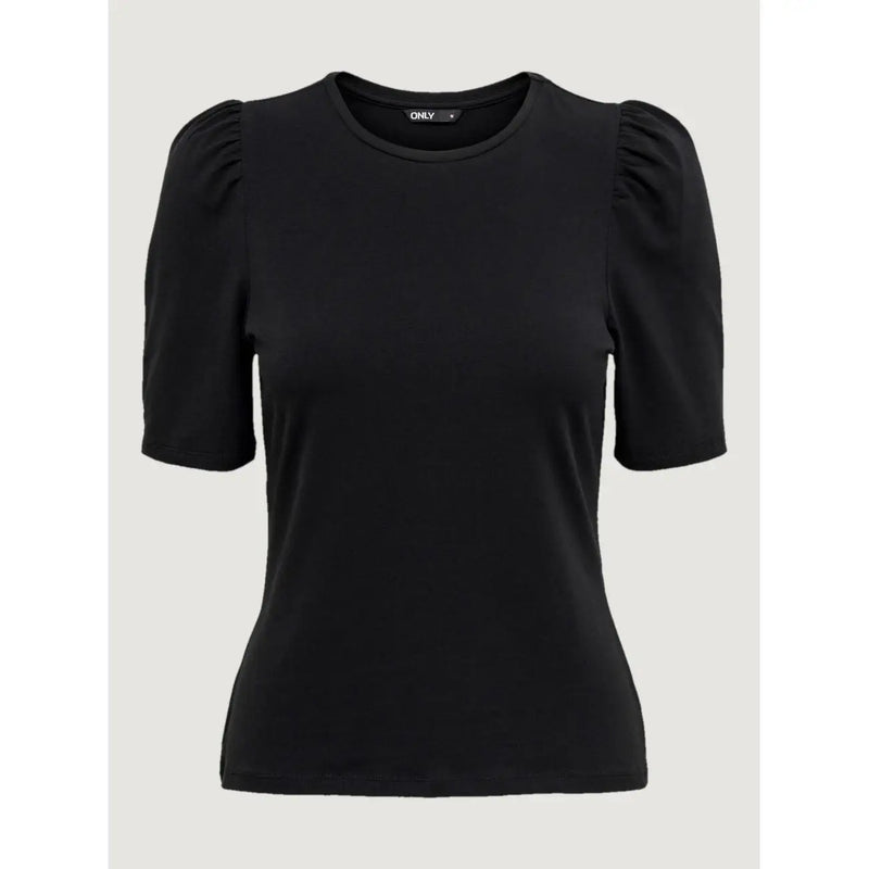 Black only women cotton short sleeve t shirt with puffed sleeves and round neckline featuring brand label