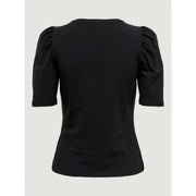 Only women black cotton short sleeve t shirt with puffed sleeves and round neck for casual wear