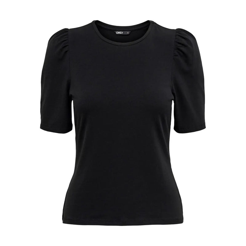Black cotton short sleeve t shirt with puffed sleeves and round neck by Only Women featuring brand label