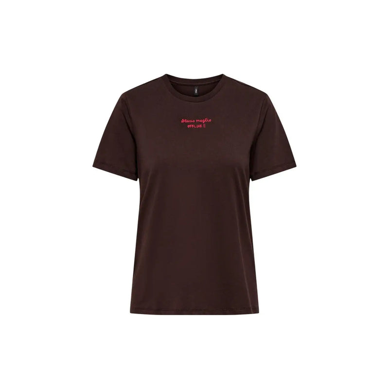 Only women cotton short sleeve round neck t shirt brown with subtle red embroidered phrase on the chest