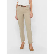 Beige Chino-Hose aus Baumwolle mit braunem Gürtel und umgeschlagenen Säumen in Grün, schmale Passform mit Reißverschluss und Knopf für Damen